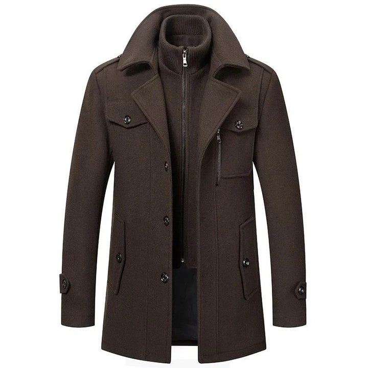 Men's long two-piece coat with mock neck, lapels, pockets, and long sleeves