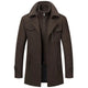 Men's long two-piece coat with mock neck, lapels, pockets, and long sleeves