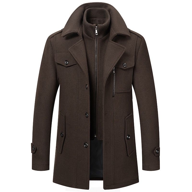 Two-piece coat with high-neck layer, lapel collar and multiple pockets