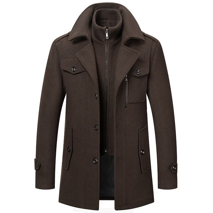 Two-piece coat with high-neck layer, lapel collar and multiple pockets