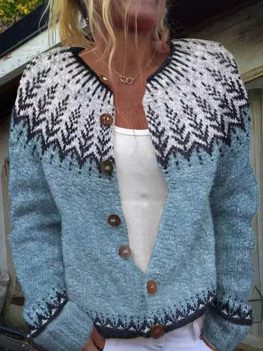 Women's blue cardigan with Nordic geometric pattern, brown buttons and long sleeves