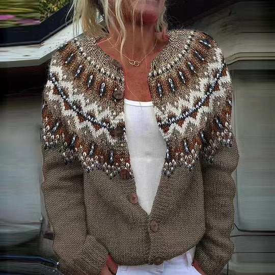 Women's brown Nordic pattern button-front cardigan