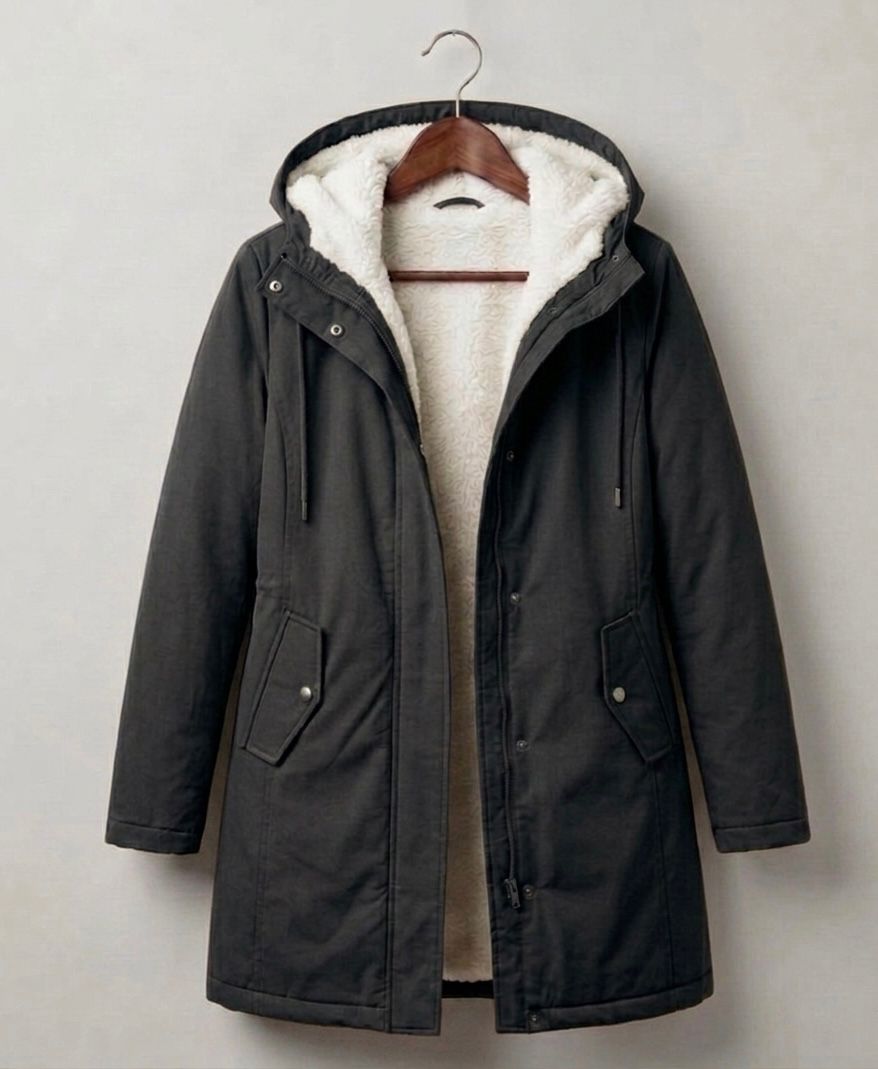 Women's long hooded parka with lined interior and flap pockets