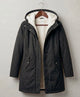 Women's long hooded parka with lined interior and flap pockets