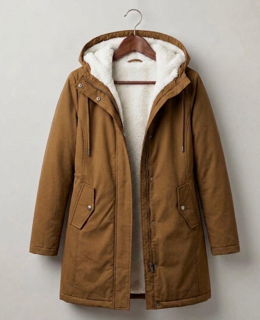 Women's long hooded parka with lined interior and flap pockets