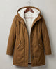 Women's long hooded parka with lined interior and flap pockets