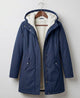 Women's long hooded parka with lined interior and flap pockets