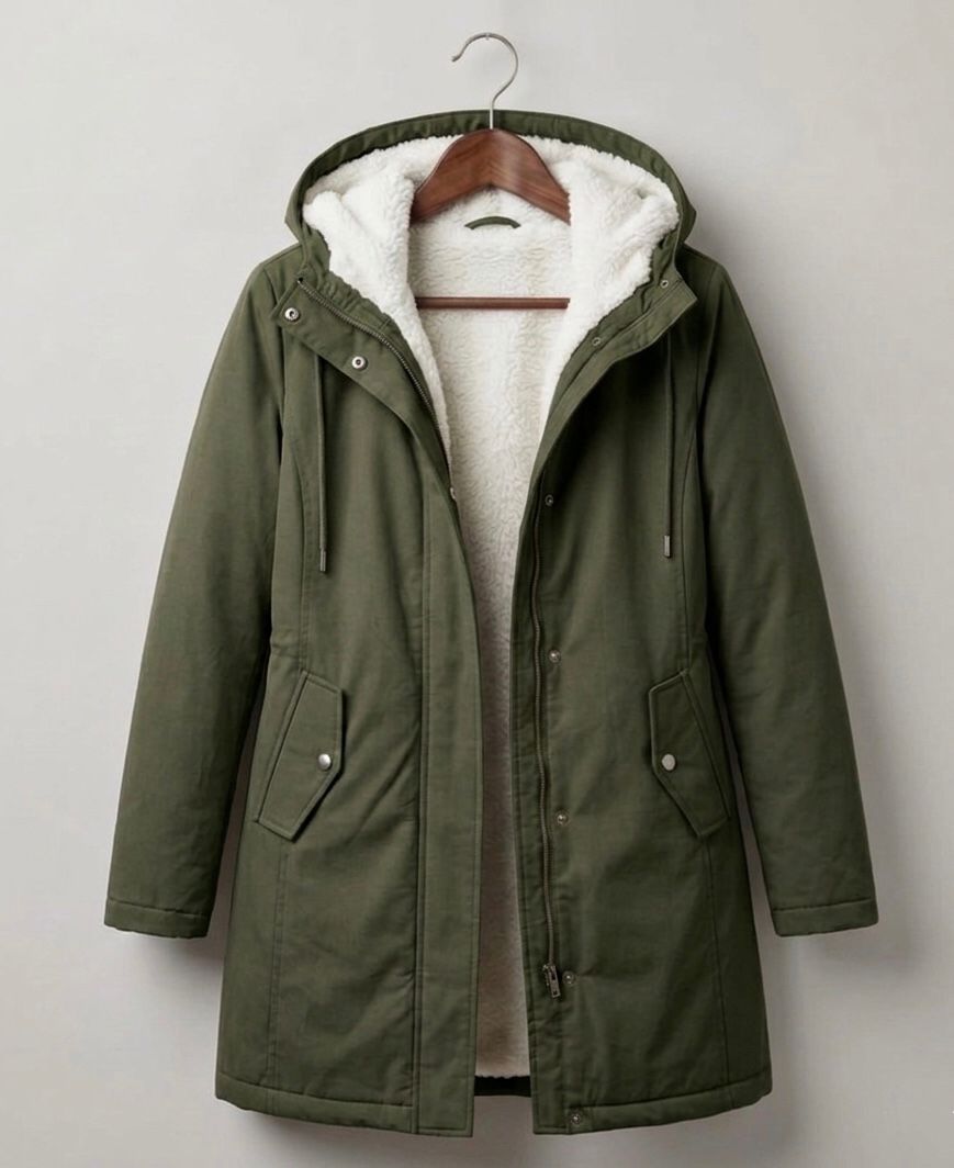 Women's long hooded parka with lined interior and flap pockets