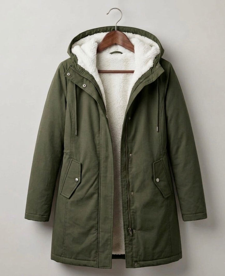 Women's long hooded parka with lined interior and flap pockets