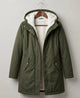 Women's long hooded parka with lined interior and flap pockets
