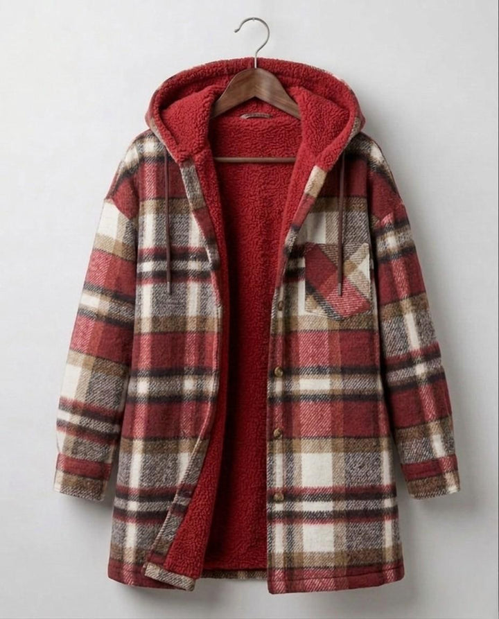 Women's hooded plaid shacket with long sleeves, zip front and textured lining
