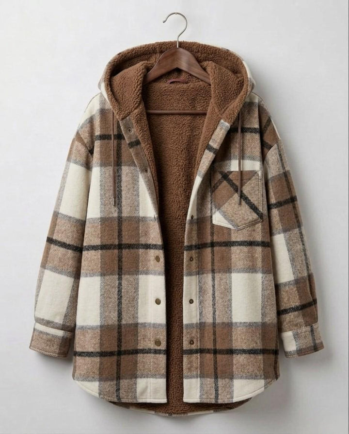 Women's hooded plaid shacket with long sleeves, zip front and textured lining