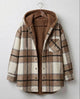 Women's hooded plaid shacket with long sleeves, zip front and textured lining