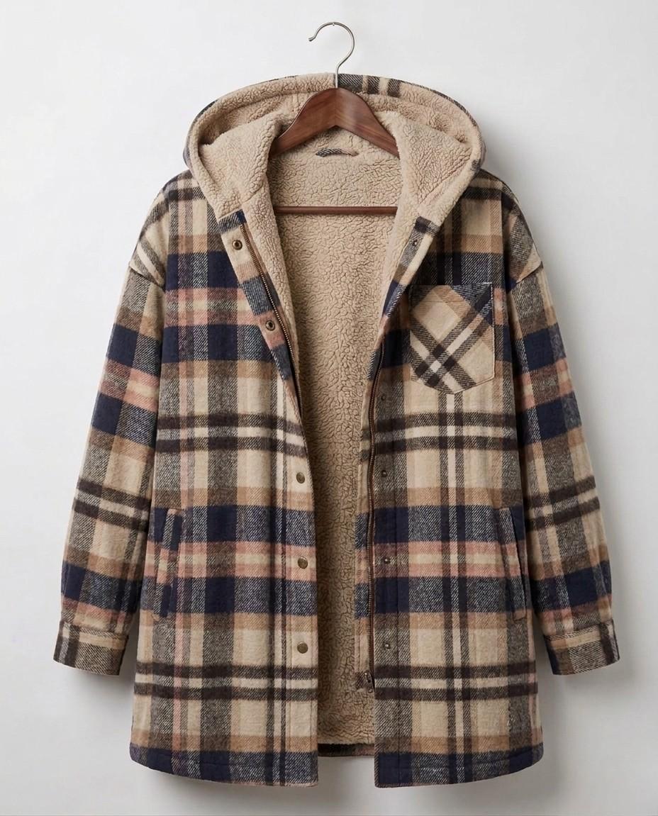 Women's hooded plaid shacket with long sleeves, zip front and textured lining