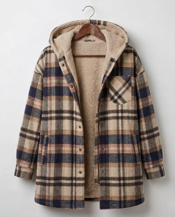 Women's hooded plaid shacket with long sleeves, zip front and textured lining