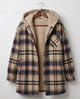 Women's hooded plaid shacket with long sleeves, zip front and textured lining