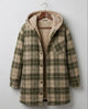 Women's hooded plaid shacket with long sleeves, zip front and textured lining