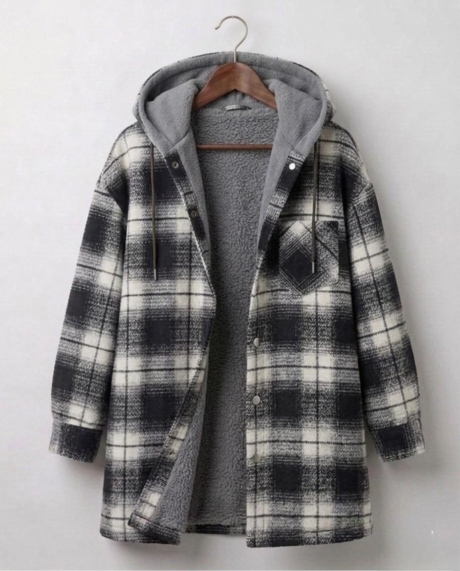 Women's hooded plaid shacket with long sleeves, zip front and textured lining