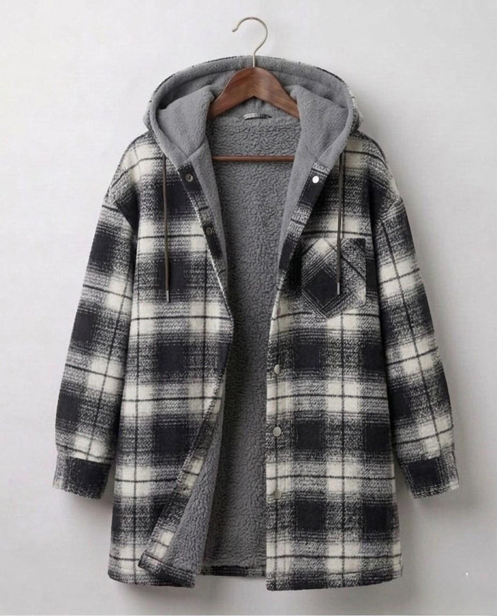 Women's hooded plaid shacket with long sleeves, zip front and textured lining