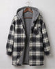 Women's hooded plaid shacket with long sleeves, zip front and textured lining