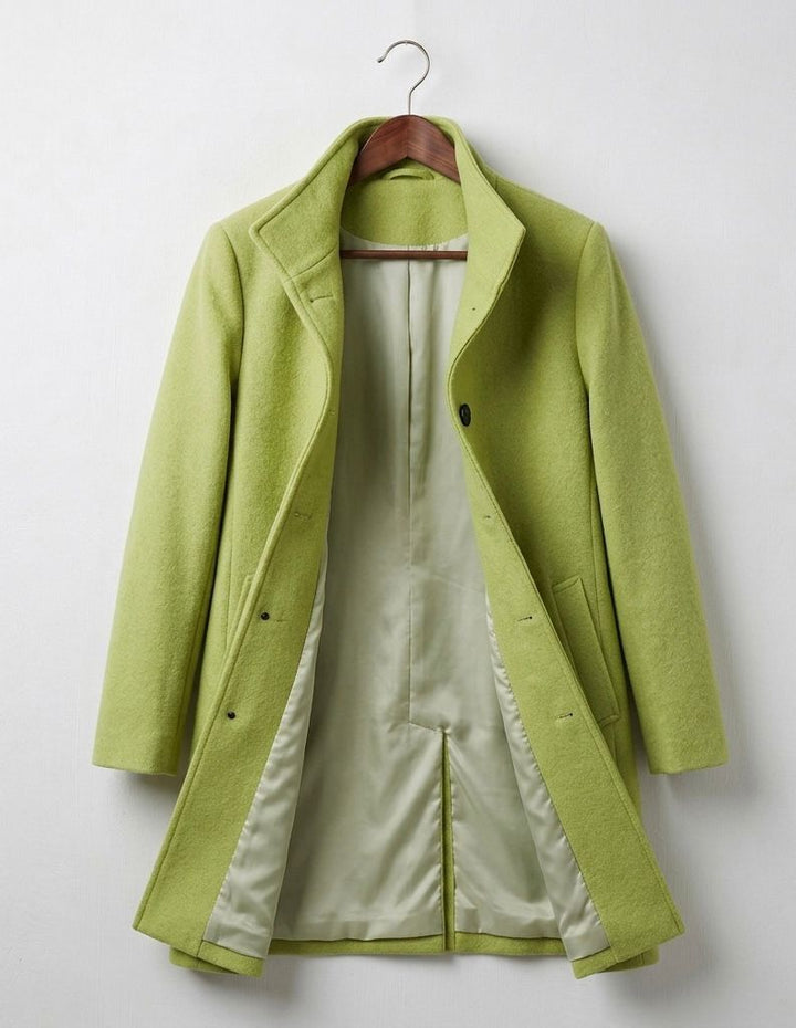 Women's tailored button front coat with notched lapels and angled pockets