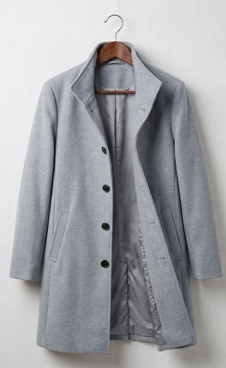 Women's tailored button front coat with notched lapels and angled pockets