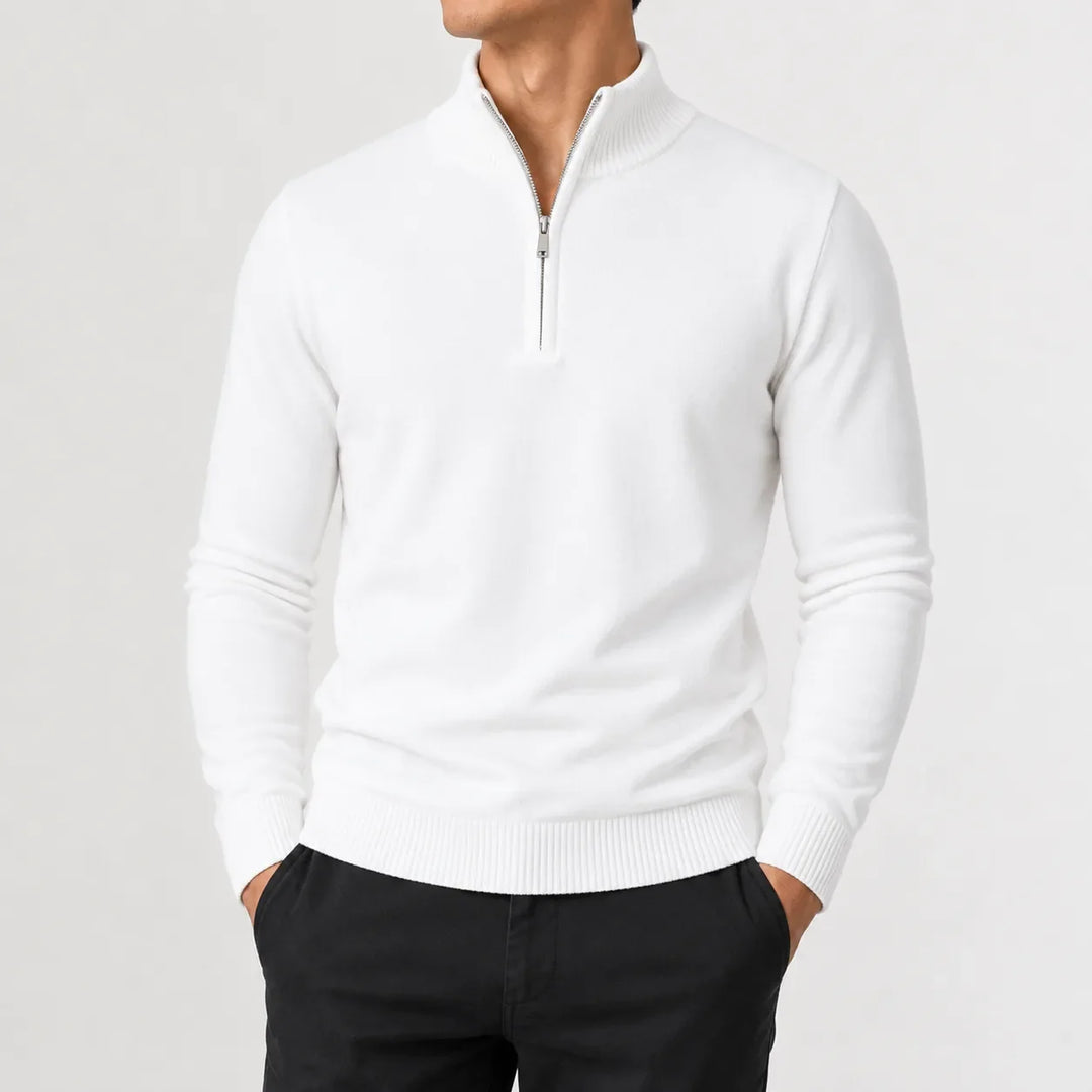 Men's long-sleeve zip-up mock neck sweater with ribbed trims