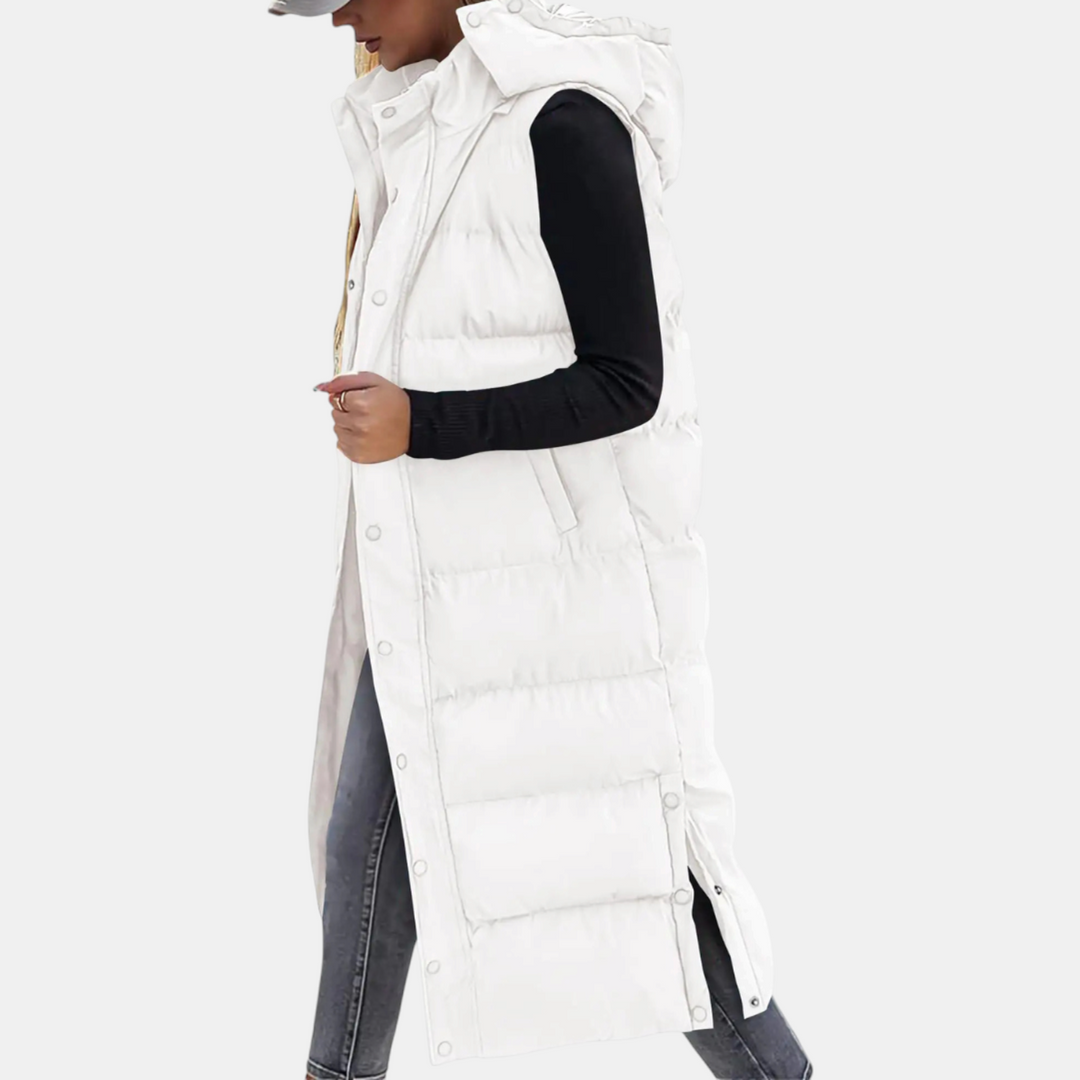 Women's long hooded puffer gilet with snap front and side pockets