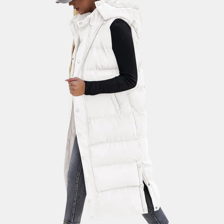 Women's long hooded puffer gilet with snap front and side pockets