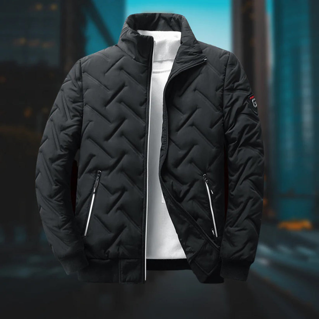 Men's quilted geometric jacket with stand collar and zip pockets