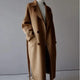 Women's longline button-front coat with notched lapels and side pockets