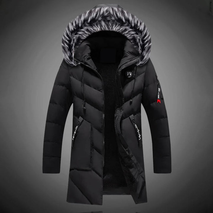 Men's long quilted winter parka with fur trim hood and zip pockets