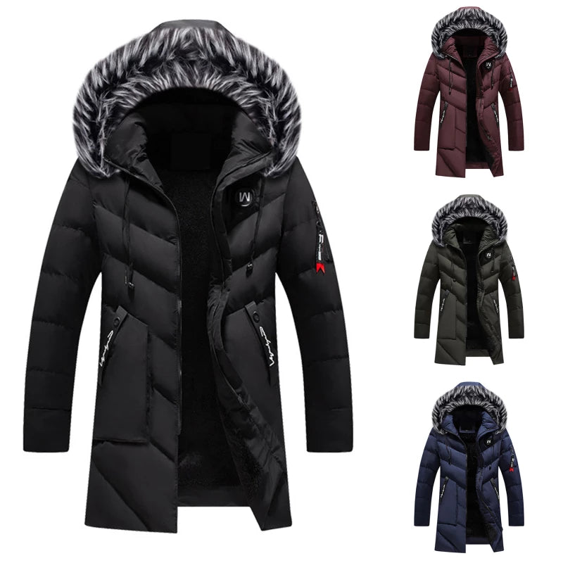 Men's longline padded coat with hood and faux fur trim