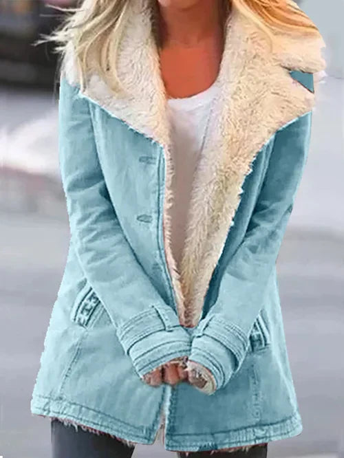Women's hip-length winter coat with contrasting teddy-lined lapel collar and long sleeves