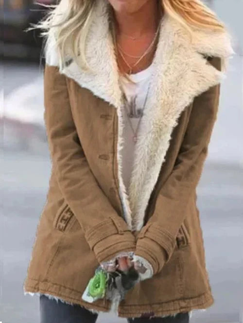 Women's hip-length winter coat with contrasting teddy-lined lapel collar and long sleeves