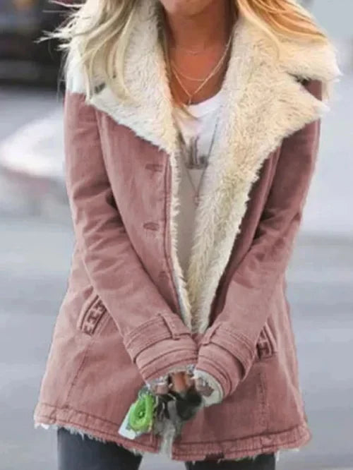 Women's hip-length winter coat with contrasting teddy-lined lapel collar and long sleeves