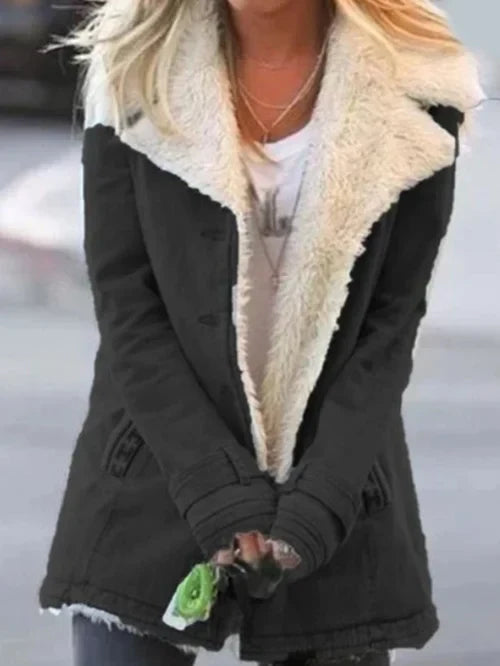 Women's hip-length winter coat with contrasting teddy-lined lapel collar and long sleeves