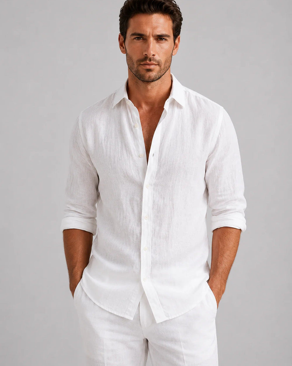 Men's long sleeve button-front shirt with pointed collar and curved hem