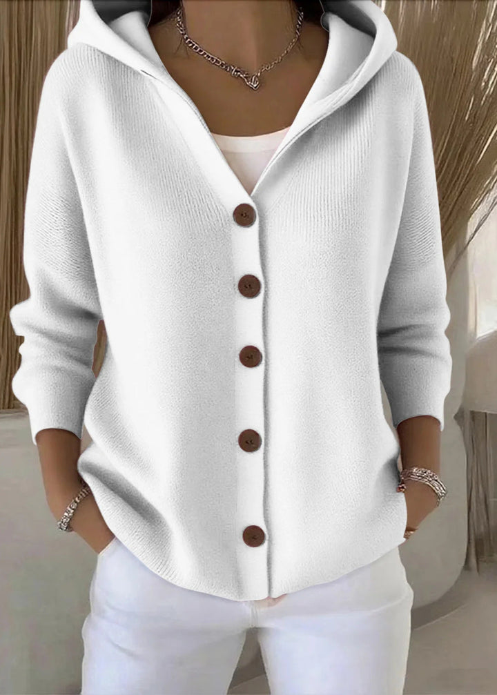 Women's hooded button-front cardigan with long sleeves and ribbed knit texture