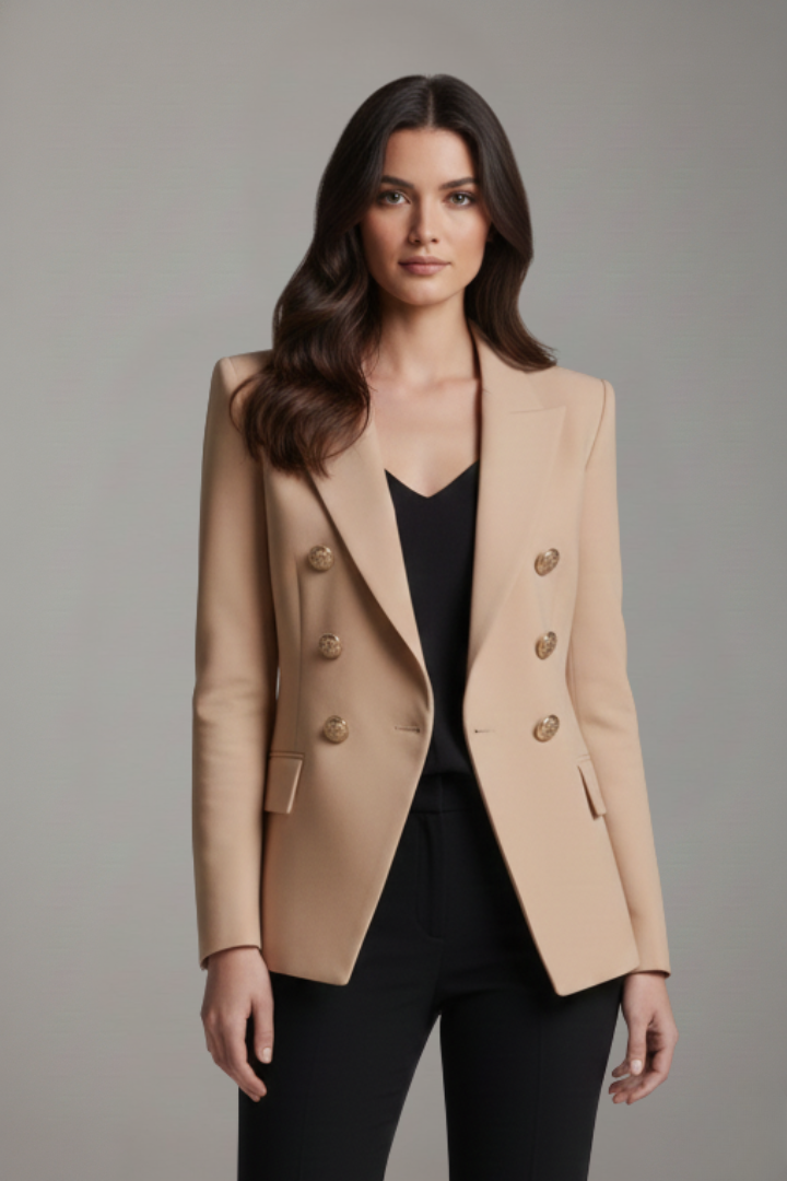 Women's double-breasted blazer with lapels and gold-tone buttons
