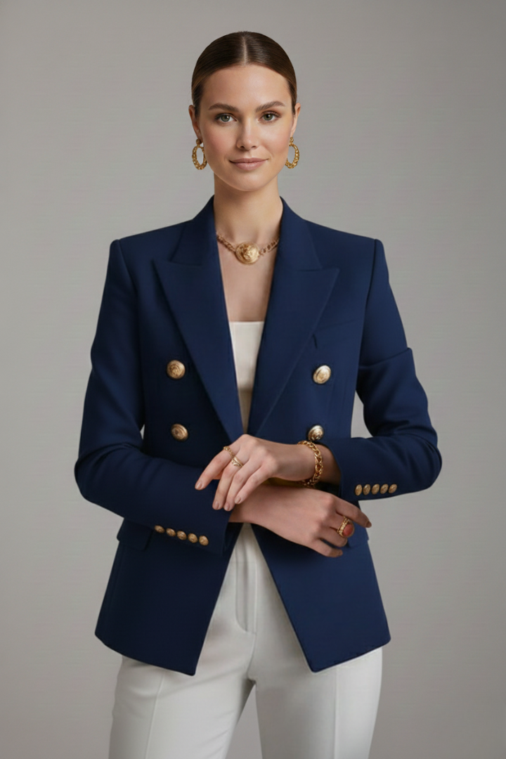 Women's double-breasted blazer with lapels and gold-tone buttons