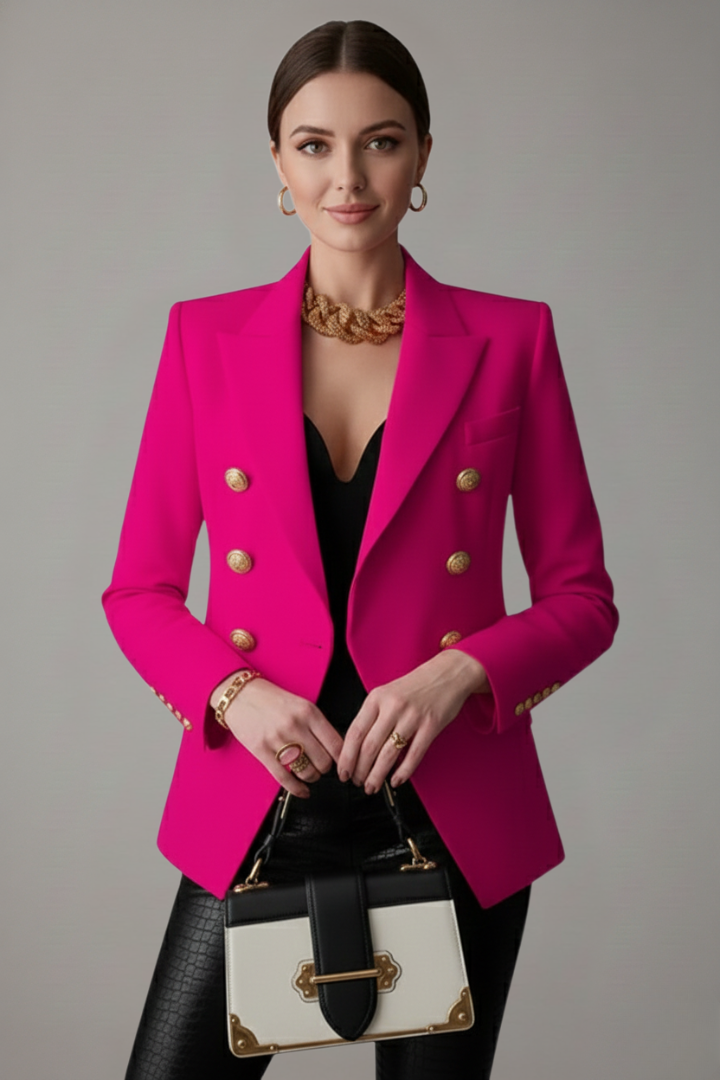 Women's double-breasted blazer with lapels and gold-tone buttons