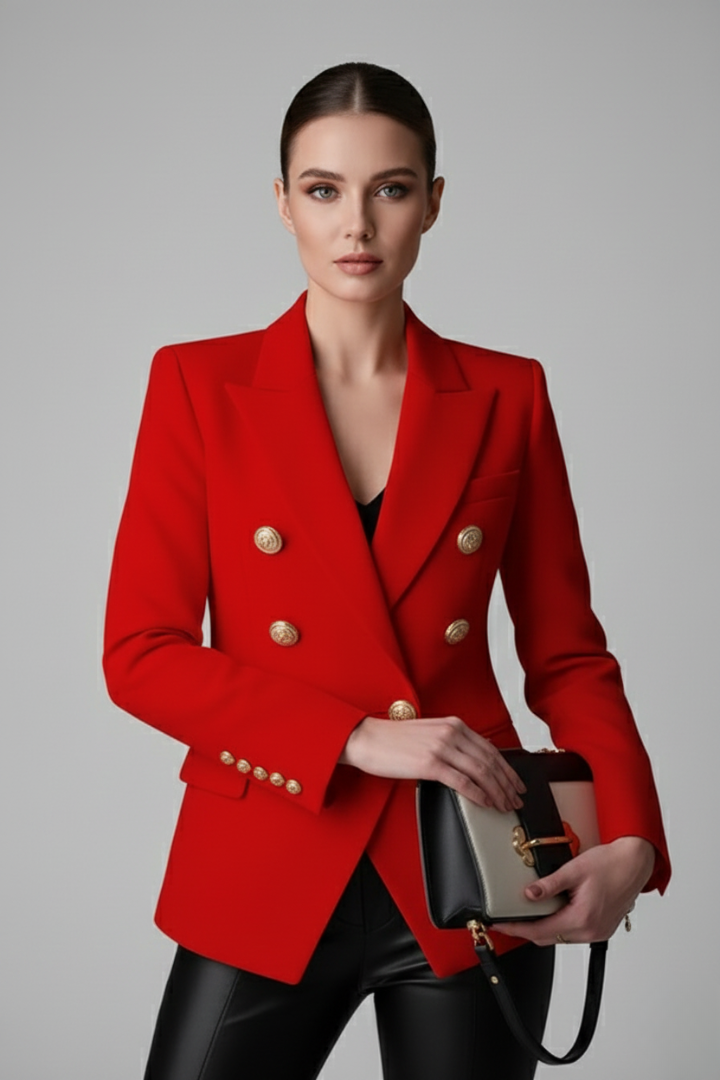 Women's double-breasted blazer with lapels and gold-tone buttons