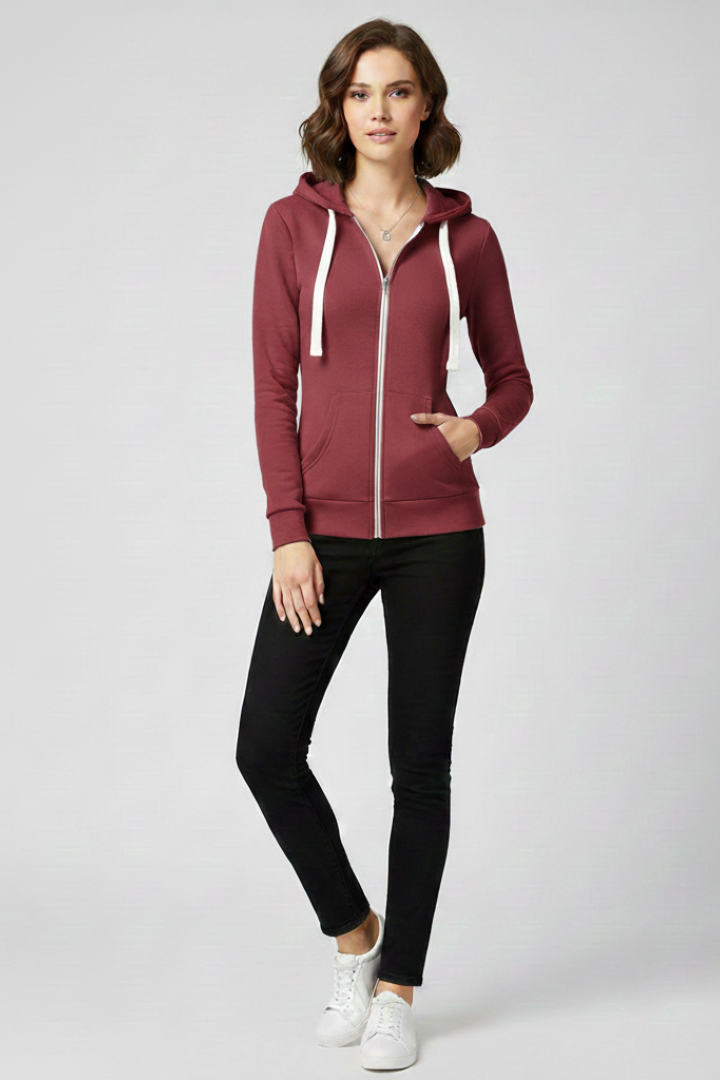 Women's hooded zip hoodie with drawstrings and kangaroo pockets