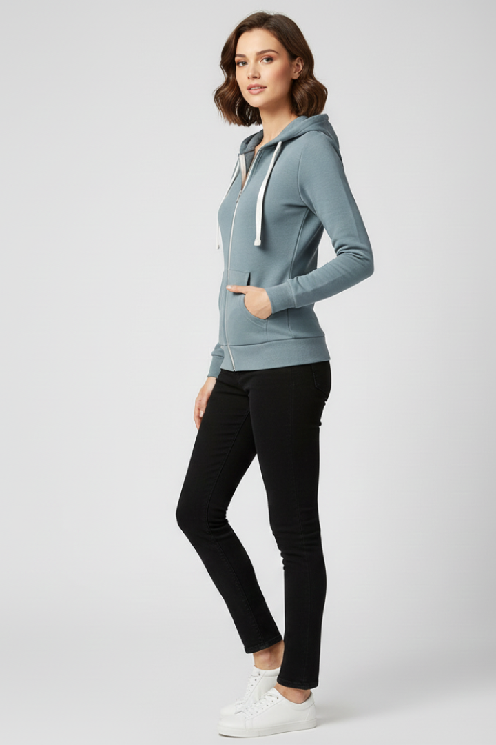 Women's hooded zip hoodie with drawstrings and kangaroo pockets