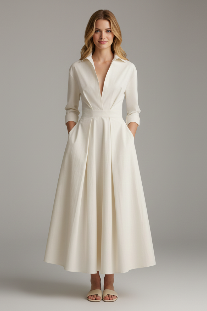 Women's collared midi dress with long sleeves and pockets