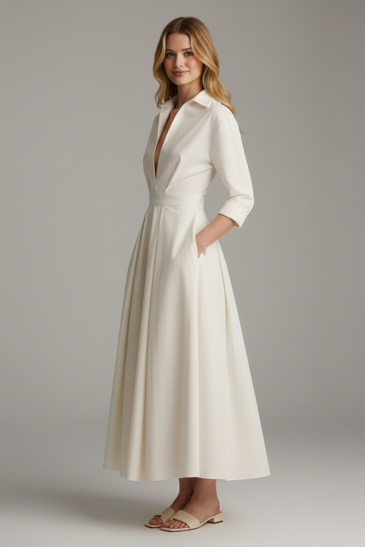 Women's collared midi dress with long sleeves and pockets