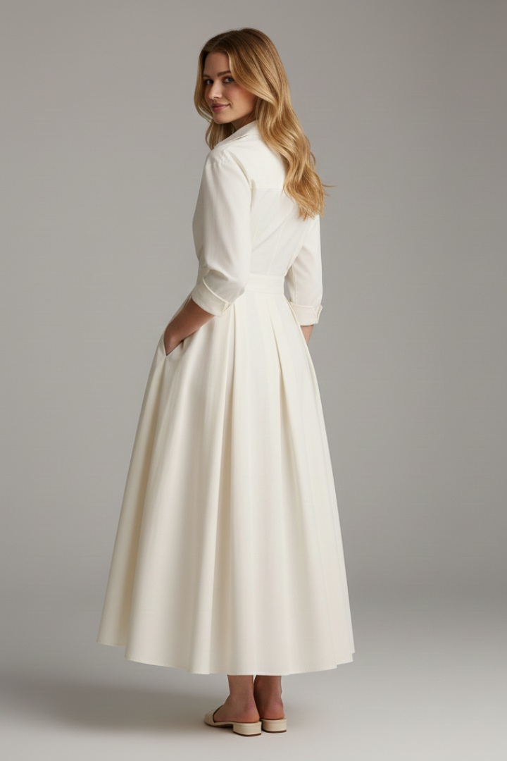 Women's collared midi dress with long sleeves and pockets