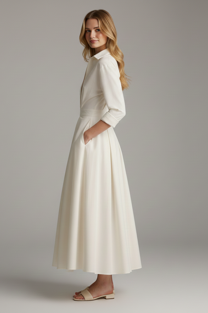 Women's collared midi dress with long sleeves and pockets