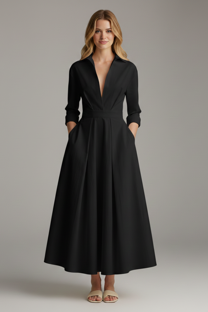 Women's collared midi dress with long sleeves and pockets